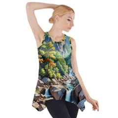 Serene Mountain Waterfall Landscape Side Drop Tank Tunic by ExtraAwesomeSauce