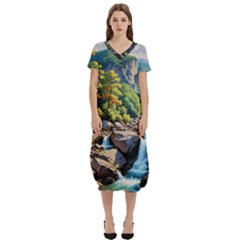 Serene Mountain Waterfall Landscape T-shirt Midi Dress With Pockets by ExtraAwesomeSauce