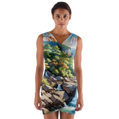 Serene Mountain Waterfall Landscape Wrap Front Bodycon Dress by ExtraAwesomeSauce