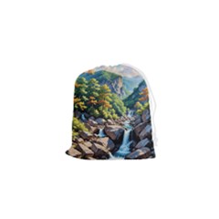 Serene Mountain Waterfall Landscape Drawstring Pouch (xs) by ExtraAwesomeSauce