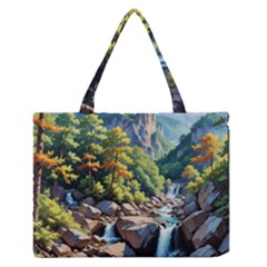 Serene Mountain Waterfall Landscape Zipper Medium Tote Bag by ExtraAwesomeSauce