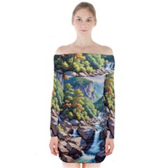 Serene Mountain Waterfall Landscape Long Sleeve Off Shoulder Dress by ExtraAwesomeSauce