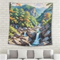 Serene Mountain Waterfall Landscape Square Tapestry (Large) View2