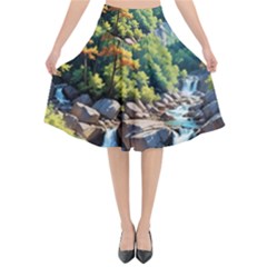 Serene Mountain Waterfall Landscape Flared Midi Skirt by ExtraAwesomeSauce