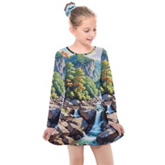 Serene Mountain Waterfall Landscape Kids  Long Sleeve Dress by ExtraAwesomeSauce