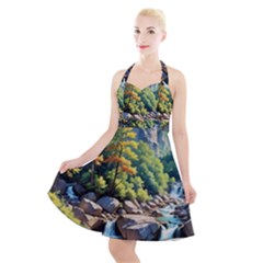 Serene Mountain Waterfall Landscape Halter Party Swing Dress  by ExtraAwesomeSauce