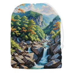 Serene Mountain Waterfall Landscape Drawstring Pouch (3xl) by ExtraAwesomeSauce