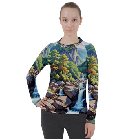 Serene Mountain Waterfall Landscape Women s Pique Long Sleeve T-shirt by ExtraAwesomeSauce