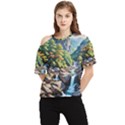 Serene Mountain Waterfall Landscape One Shoulder Cut Out T-Shirt View1