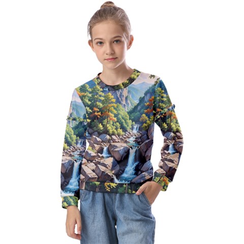 Serene Mountain Waterfall Landscape Kids  Long Sleeve T-shirt With Frill  by ExtraAwesomeSauce