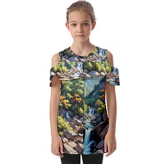 Serene Mountain Waterfall Landscape Fold Over Open Sleeve Top by ExtraAwesomeSauce