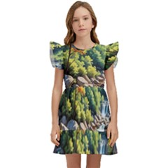 Serene Mountain Waterfall Landscape Kids  Winged Sleeve Dress by ExtraAwesomeSauce