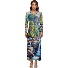 Serene Mountain Waterfall Landscape Long Sleeve Longline Maxi Dress by ExtraAwesomeSauce