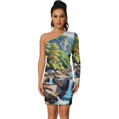 Serene Mountain Waterfall Landscape Long Sleeve One Shoulder Mini Dress by ExtraAwesomeSauce