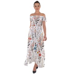 Flowers Design Floral Off Shoulder Open Front Chiffon Dress by Posterlux