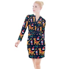 Funny Christmas Pattern Background Button Long Sleeve Dress by Ket1n9