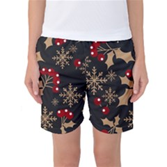 Christmas Pattern With Snowflakes Berries Women s Basketball Shorts by Ket1n9