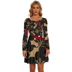 Christmas Pattern With Snowflakes Berries Long Sleeve Wide Neck Velvet Dress by Ket1n9