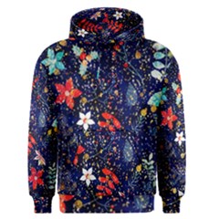 Festive Floral Pattern Christmas Blue Floral Flower Foliage Leaves Pattern Red Snow Winter Men s Core Hoodie by Maspions