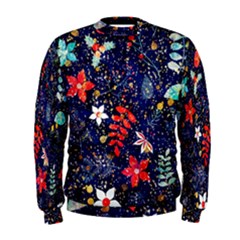 Festive Floral Pattern Christmas Blue Floral Flower Foliage Leaves Pattern Red Snow Winter Men s Sweatshirt by Maspions