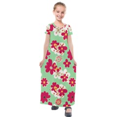 Retro 1960s Flowers Pattern Kids  Short Sleeve Maxi Dress by violetheavensky