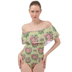 Retro 1880s Flowers Pattern 9 Off Shoulder Velour Bodysuit  by violetheavensky