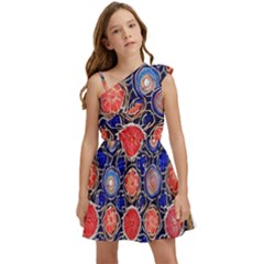 Retro Geometric Shapes And Flowers 3 Kids  One Shoulder Party Dress by violetheavensky
