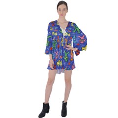 Grateful Dead Dancing Bears Pattern V-neck Flare Sleeve Mini Dress by Salmanaz77