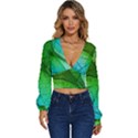 3d Leaves Texture Sheet Blue Green Long Sleeve Deep-V Velour Top View1