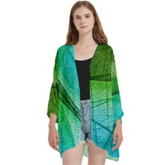 3d Leaves Texture Sheet Blue Green Open Front 3/4 Sleeve Batwing Chiffon Cardigan Kimono by Cemarart