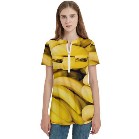 Bananas, Macro, Fruits, Ripe Bananas Women s Zip Front V-neck Short Sleeve Casual Top Pocket Shirt by kyorashop23