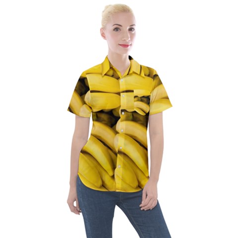 Bananas, Macro, Fruits, Ripe Bananas Women s Short Sleeve Pocket Shirt by kyorashop23