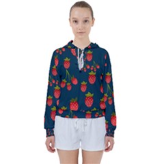 Strawberry Texture, Blue Background With Strawberries Women s Tie Up Sweat by kyorashop23