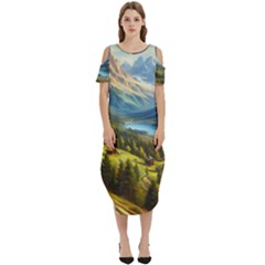 Forest Landscape Nature Trees Cold Shoulder Loose Fit Dress With Pockets