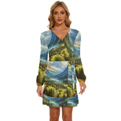 Forest Landscape Nature Trees Long Sleeve Waist Tie Ruffle Velvet Dress by Salmanaz77