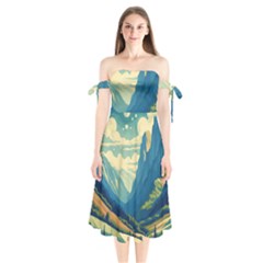 Mountains Nature Forest Landscape Shoulder Tie Bardot Midi Dress by Salmanaz77