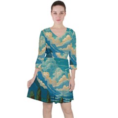 Mountains Rural Countryside Sky Quarter Sleeve Ruffle Waist Dress by Salmanaz77