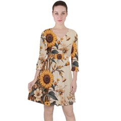 Sunflower Flowers Nature Trees Quarter Sleeve Ruffle Waist Dress by Salmanaz77