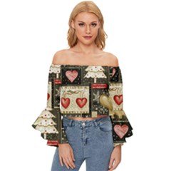 Christmas Reindeer Off Shoulder Flutter Bell Sleeve Top by Posterlux