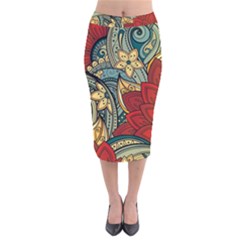 Pattern Shape Colorful Flower Leaves Velvet Midi Pencil Skirt by Posterlux