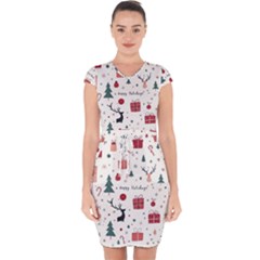 Happy Holiday Xmas Christmas Pattern Capsleeve Drawstring Dress  by Paksenen