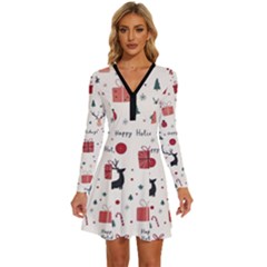 Happy Holiday Xmas Christmas Pattern Long Sleeve Deep V Mini Dress  by Paksenen
