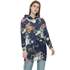 Japanese Wave Koi Illustration Pattern Women s Long Oversized Pullover Hoodie by Ndabl3x