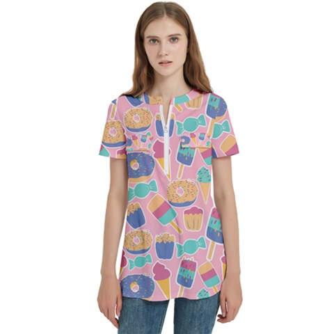 Ice Cream Donut Sweets Candie Women s Zip Front V-neck Short Sleeve Casual Top Pocket Shirt by Apenda