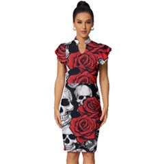 Roses And Skulls Vintage Frill Sleeve V-neck Bodycon Dress by pollyparadiseartshop