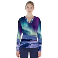 Northern Lights Aurora Night Nature V-neck Long Sleeve Top by Posterlux