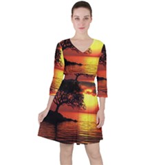 Sunset Nature Sea Dusk Landscape Quarter Sleeve Ruffle Waist Dress by Salmanaz77