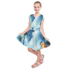 Delicate Watercolor Painting Surreal Oasis Scene With Intense Dramatic Lighting Kids  Short Sleeve Dress by pollyparadiseartshop