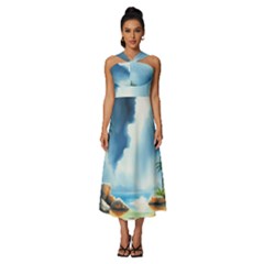 Delicate Watercolor Painting Surreal Oasis Scene With Intense Dramatic Lighting Sleeveless Cross Front Cocktail Midi Chiffon Dress by pollyparadiseartshop