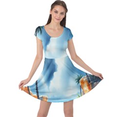 Delicate Watercolor Painting Surreal Oasis Scene With Intense Dramatic Lighting Cap Sleeve Dress by pollyparadiseartshop